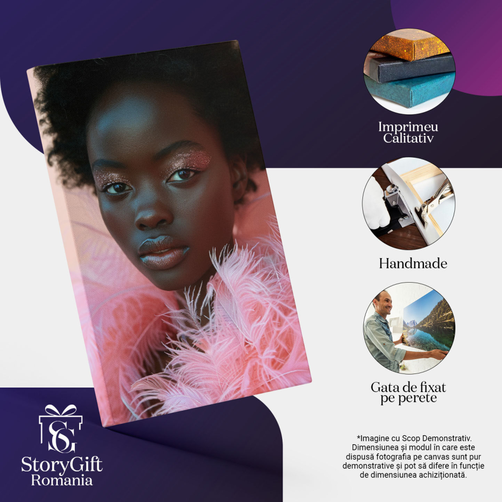 Tablou Canvas Modelul de Culoare Pozează În Rochie Roz din Pene cu Stil Portre Close Up , Pictura Digitala 40x25CM [3]