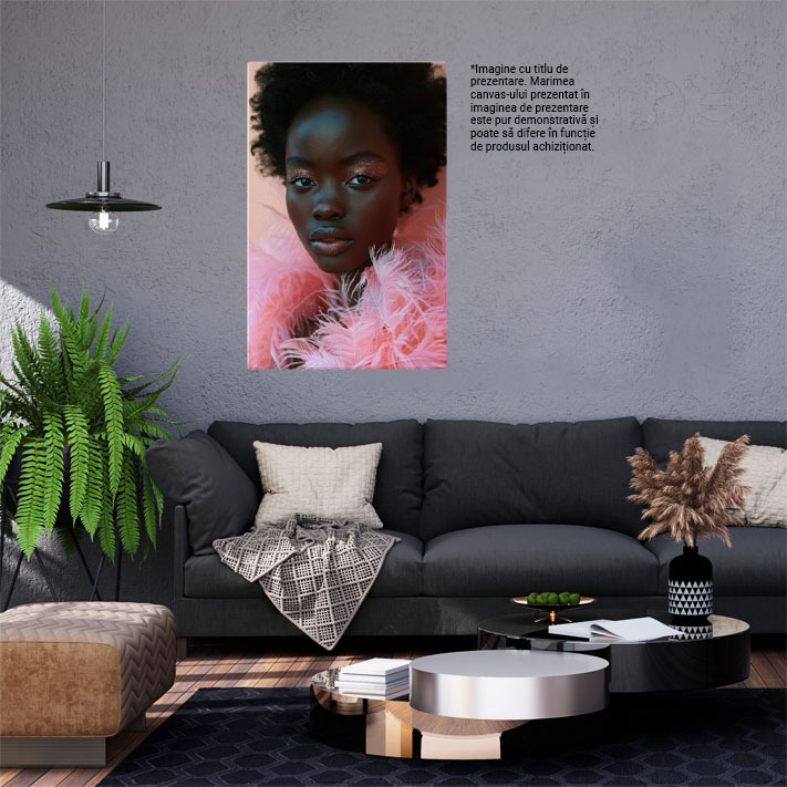 Tablou Canvas Modelul de Culoare Pozează În Rochie Roz din Pene cu Stil Portre Close Up , Pictura Digitala 40x25CM [2]