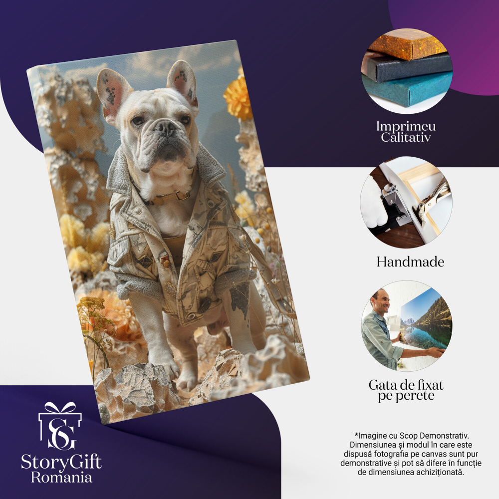 Modernismul Buldogului - Tablou Canvas cu Câine Îmbrăcat în Haine Umane pe Stânci Golașe, Marime 40x25CM [2]