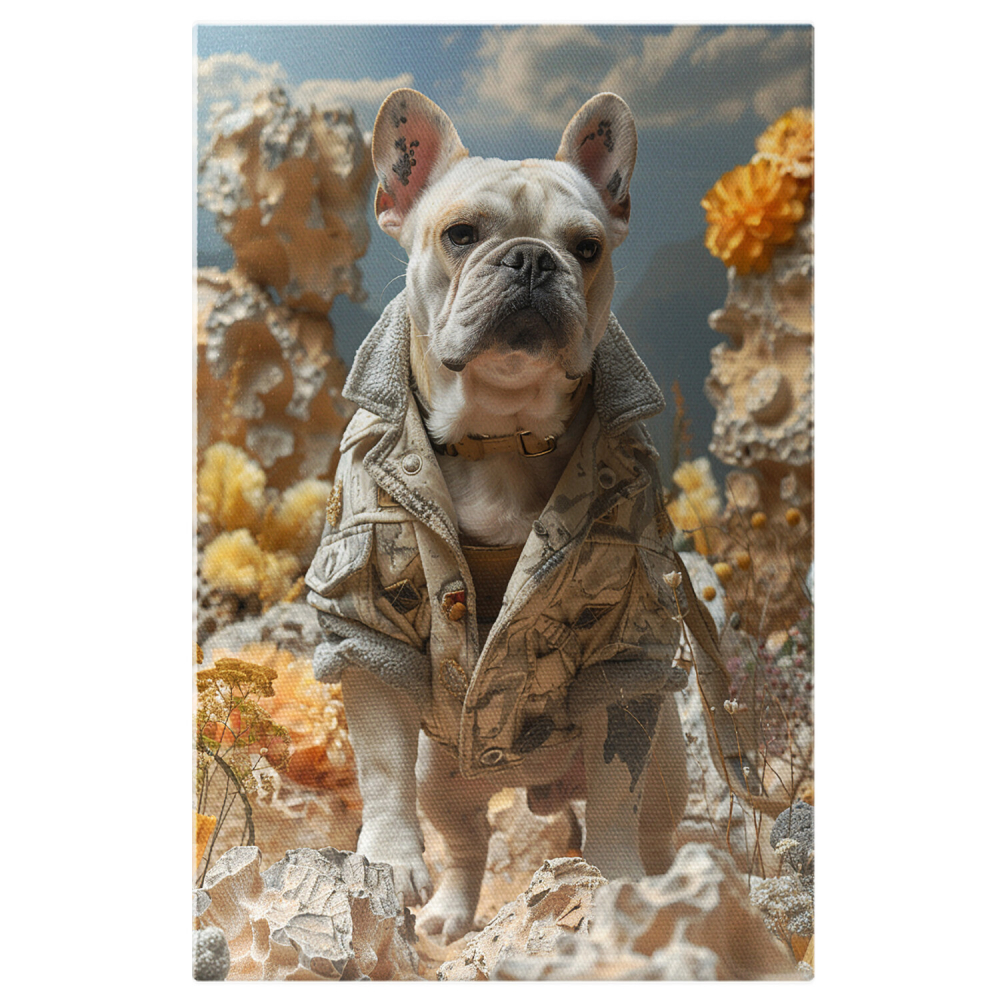 Modernismul Buldogului - Tablou Canvas cu Câine Îmbrăcat în Haine Umane pe Stânci Golașe, Marime 40x25CM [1]