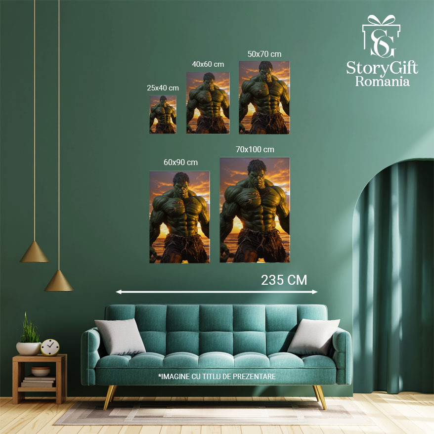 Tablou Canvas:  Monstrul Fioros cu Muschii Mari Hulk cel Inspaimantator cu Ochii Luminati Verzi si Pantaloni Pictura Digitala 40x25CM [4]