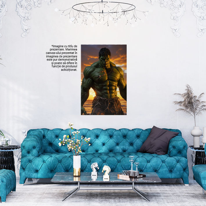 Tablou Canvas:  Monstrul Fioros cu Muschii Mari Hulk cel Inspaimantator cu Ochii Luminati Verzi si Pantaloni Pictura Digitala 40x25CM [2]