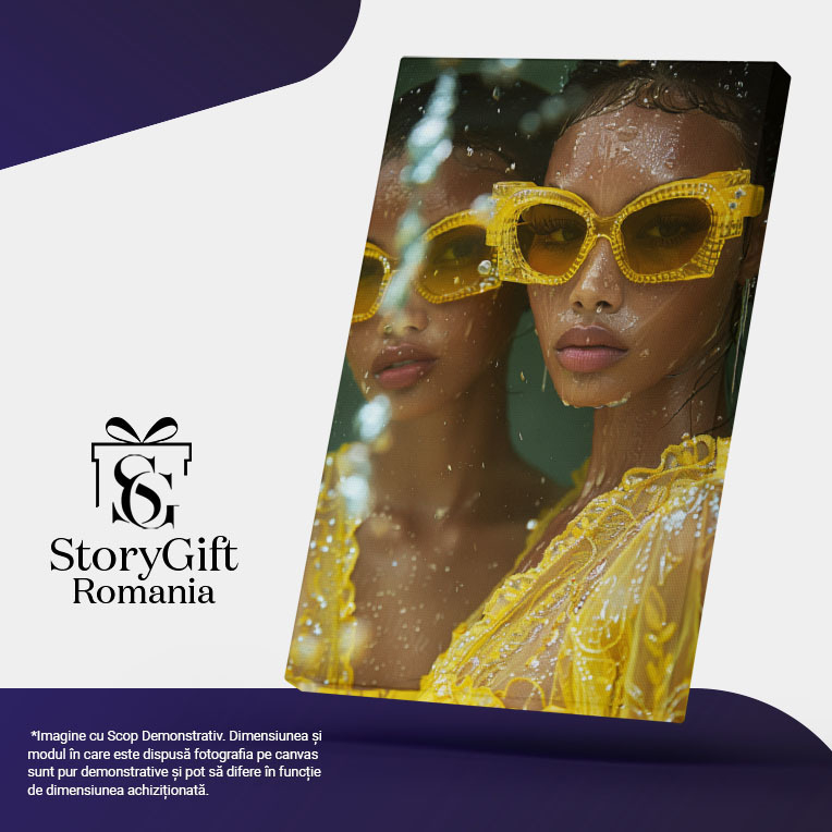 Tablou Canvas  Mulatra cu Ochelari Asortati cu Rochia Galbena si Cercei Lungi cu Buze Mari si Gene Lungi , Pictura Digitala 40x25CM [5]