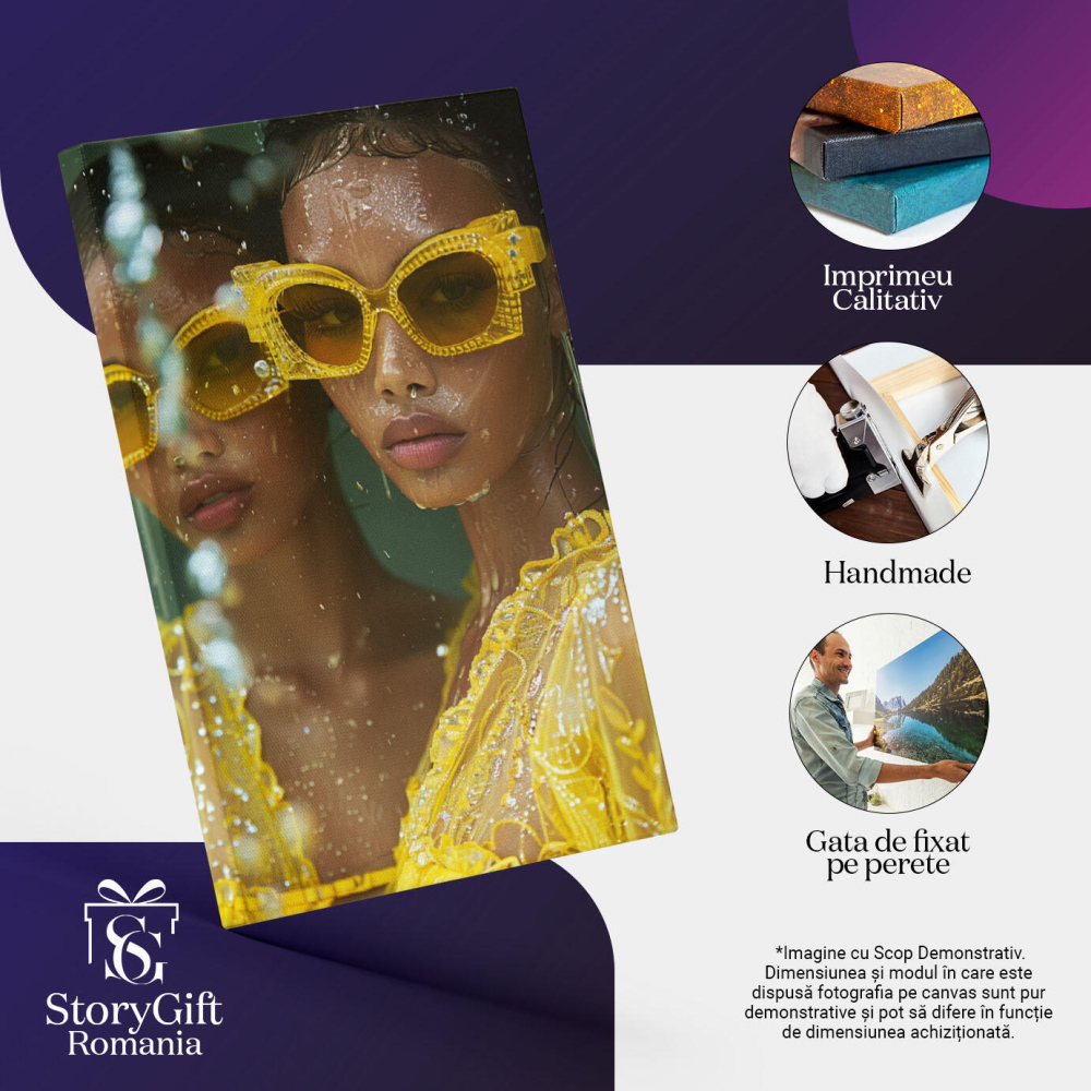 Tablou Canvas  Mulatra cu Ochelari Asortati cu Rochia Galbena si Cercei Lungi cu Buze Mari si Gene Lungi , Pictura Digitala 40x25CM [3]