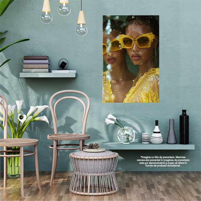 Tablou Canvas  Mulatra cu Ochelari Asortati cu Rochia Galbena si Cercei Lungi cu Buze Mari si Gene Lungi , Pictura Digitala 40x25CM [2]