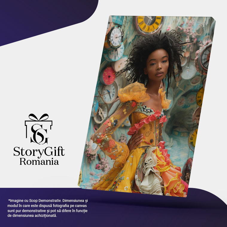 Tablou Canvas  Mulatra cu Parul Cret Brunet intr-o Camera Plina de Ceasuri in Rochie cu Volane Galbena , Pictura Digitala 40x25CM [5]