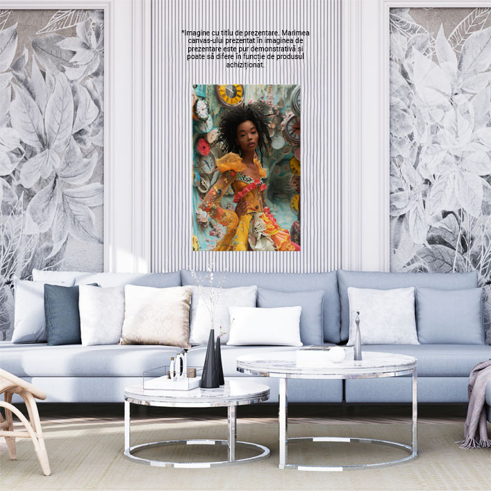 Tablou Canvas  Mulatra cu Parul Cret Brunet intr-o Camera Plina de Ceasuri in Rochie cu Volane Galbena , Pictura Digitala 40x25CM [2]