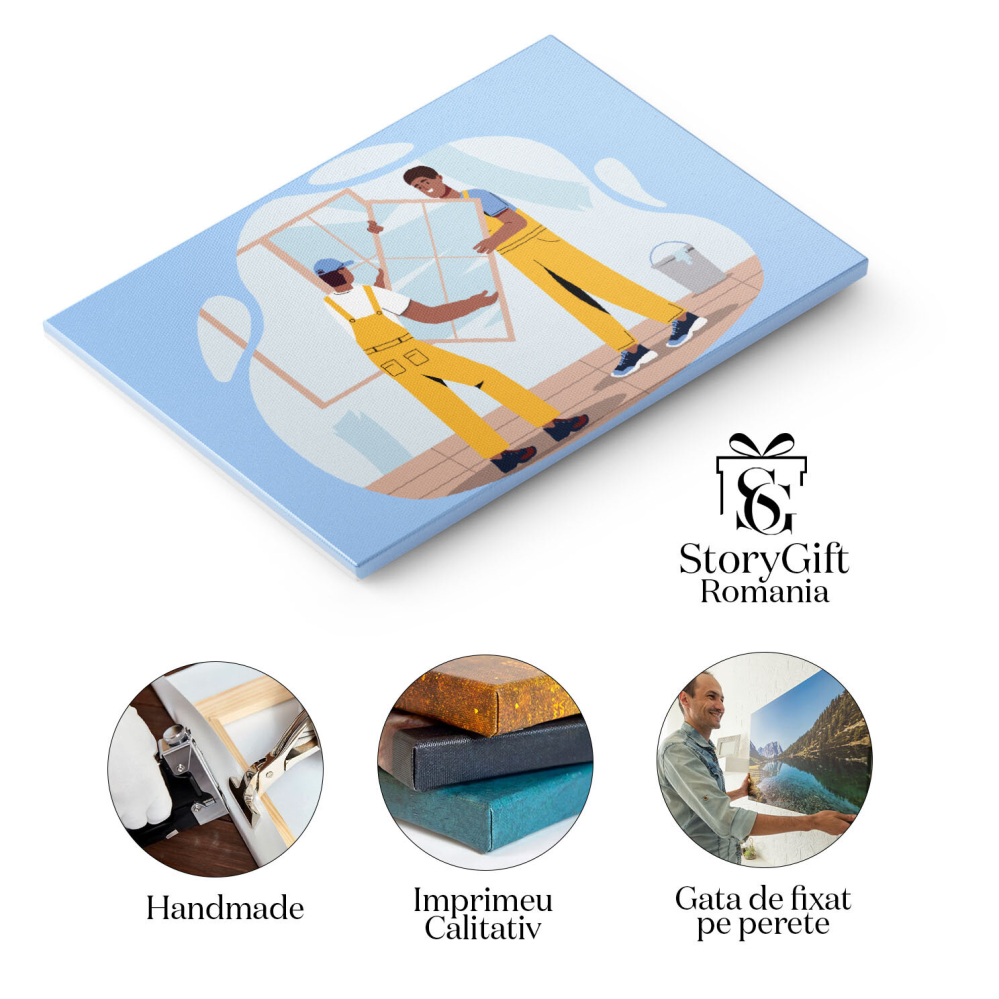 Tablou Canvas Muncitorii cu Salopete Galbene Monteaza Oglinzile pe Peretele Casei Proaspat Vopsit 40x25CM [2]