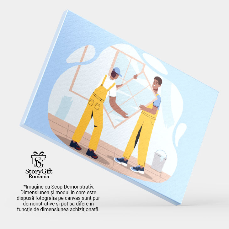 Tablou Canvas Muncitorii cu Salopete Galbene Monteaza Oglinzile pe Peretele Casei Proaspat Vopsit 40x25CM [4]