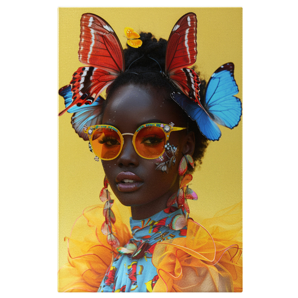 Natura Africană - Tablou Canvas cu Domnișoara cu Ochelari Colorati și Specii de Fluturi în Păr, Marime 40x25CM [1]