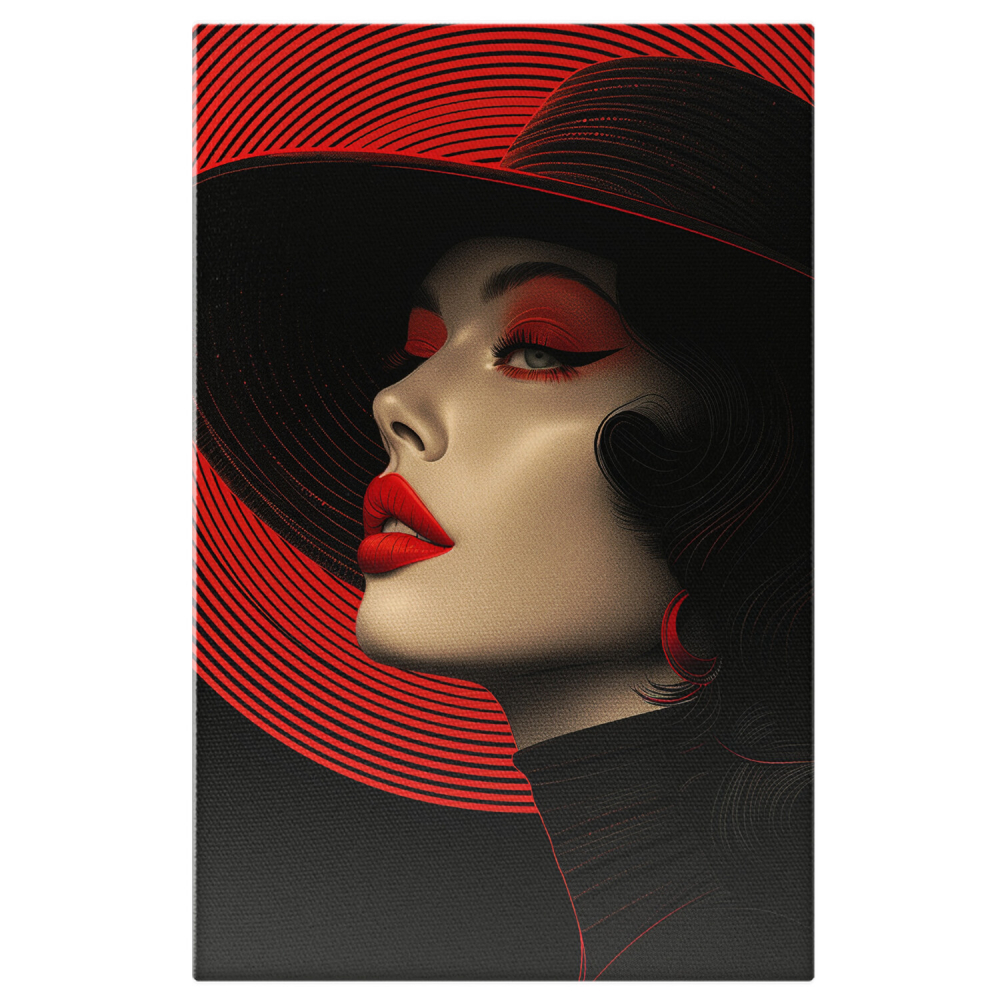 Tablou Canvas Lady Eleganta cu Palarie Neagră și Buze Roșii | Pictură Digitală în Lumina Roșie, Marime 40x25CM [1]