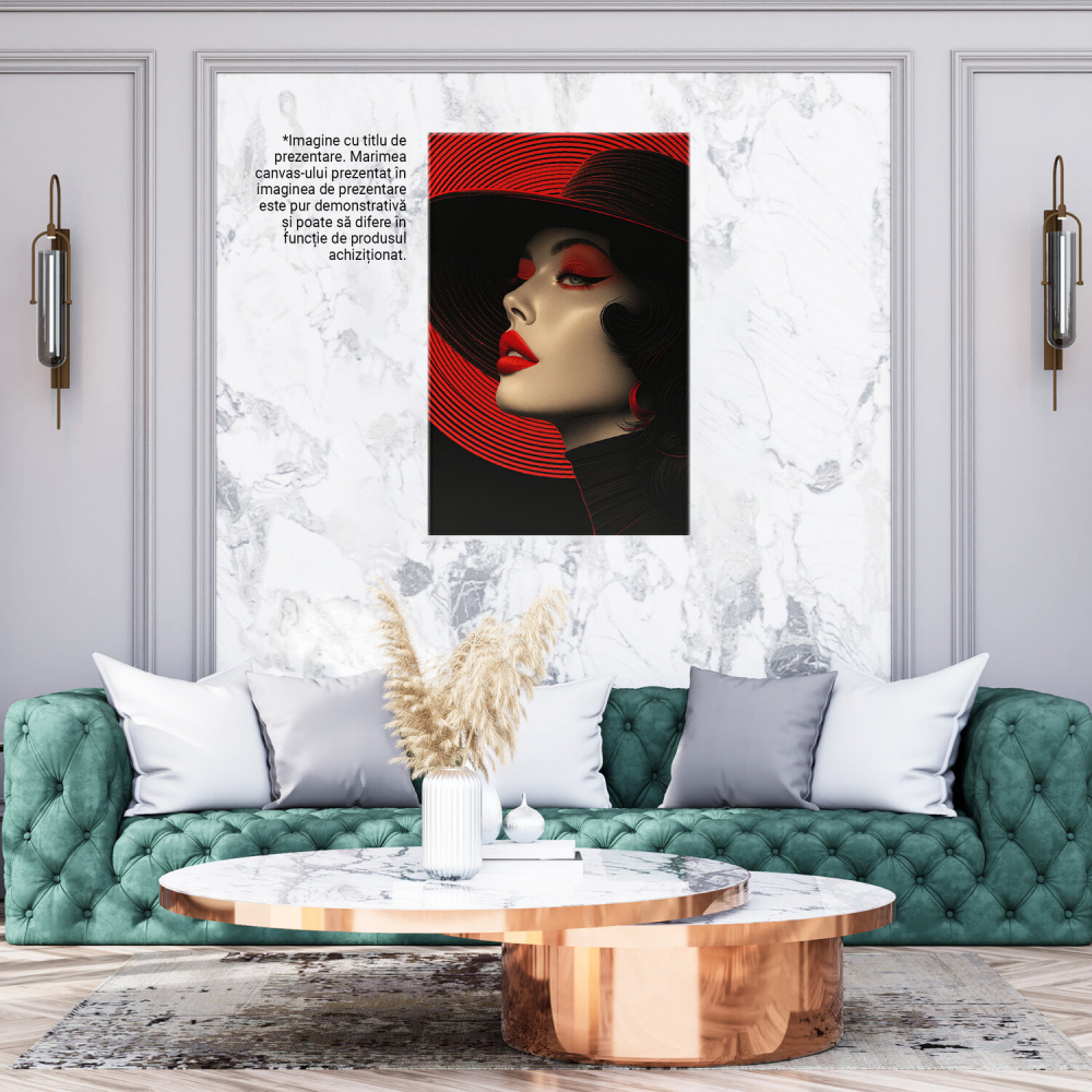 Tablou Canvas Lady Eleganta cu Palarie Neagră și Buze Roșii | Pictură Digitală în Lumina Roșie, Marime 40x25CM [3]