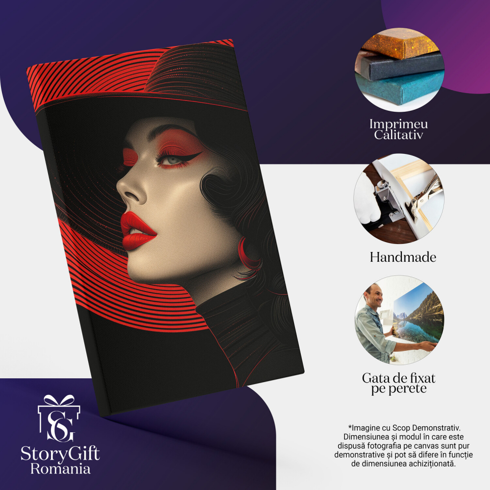 Tablou Canvas Lady Eleganta cu Palarie Neagră și Buze Roșii | Pictură Digitală în Lumina Roșie, Marime 40x25CM [2]