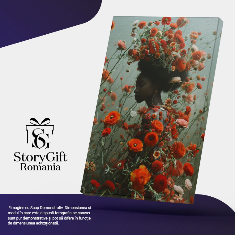 Tablou Canvas: O Călătorie spre Centrul Inimii prin Arta Naturii Doamna cu Flori și Piele de Abanos Pictura Digitala 40x25CM [5]