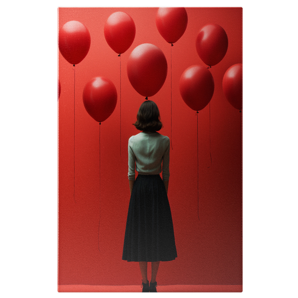 Tablou Canvas Femeie cu Baloane Roșii și Pereți Abstracti | Pictură Digitală Modernă, Marime 40x25CM [1]