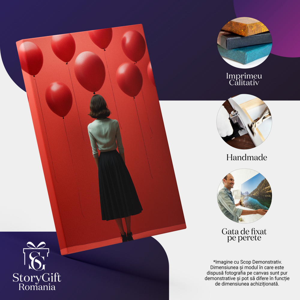 Tablou Canvas Femeie cu Baloane Roșii și Pereți Abstracti | Pictură Digitală Modernă, Marime 40x25CM [2]