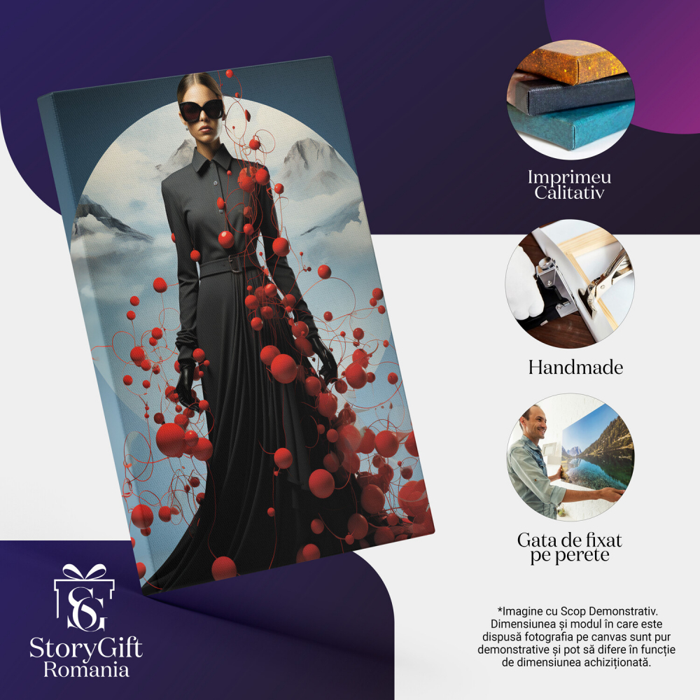 Tablou Canvas Femeie cu Ochelari de Soare | Negru, Cerc, Munți și Baloane, Pictură Digitală, Marime 40x25CM [2]