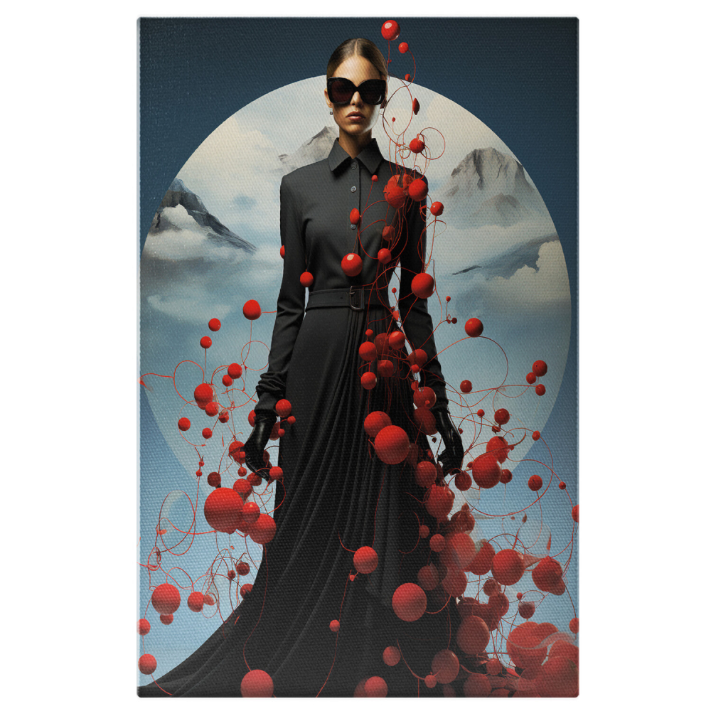 Tablou Canvas Femeie cu Ochelari de Soare | Negru, Cerc, Munți și Baloane, Pictură Digitală, Marime 40x25CM [1]