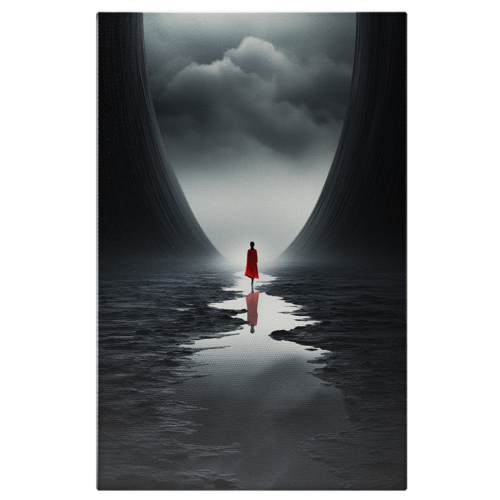 Tablou Canvas Femeie cu Rochie Roșie în Pustietate | Pictură Digitală, Marime 40x25CM [1]