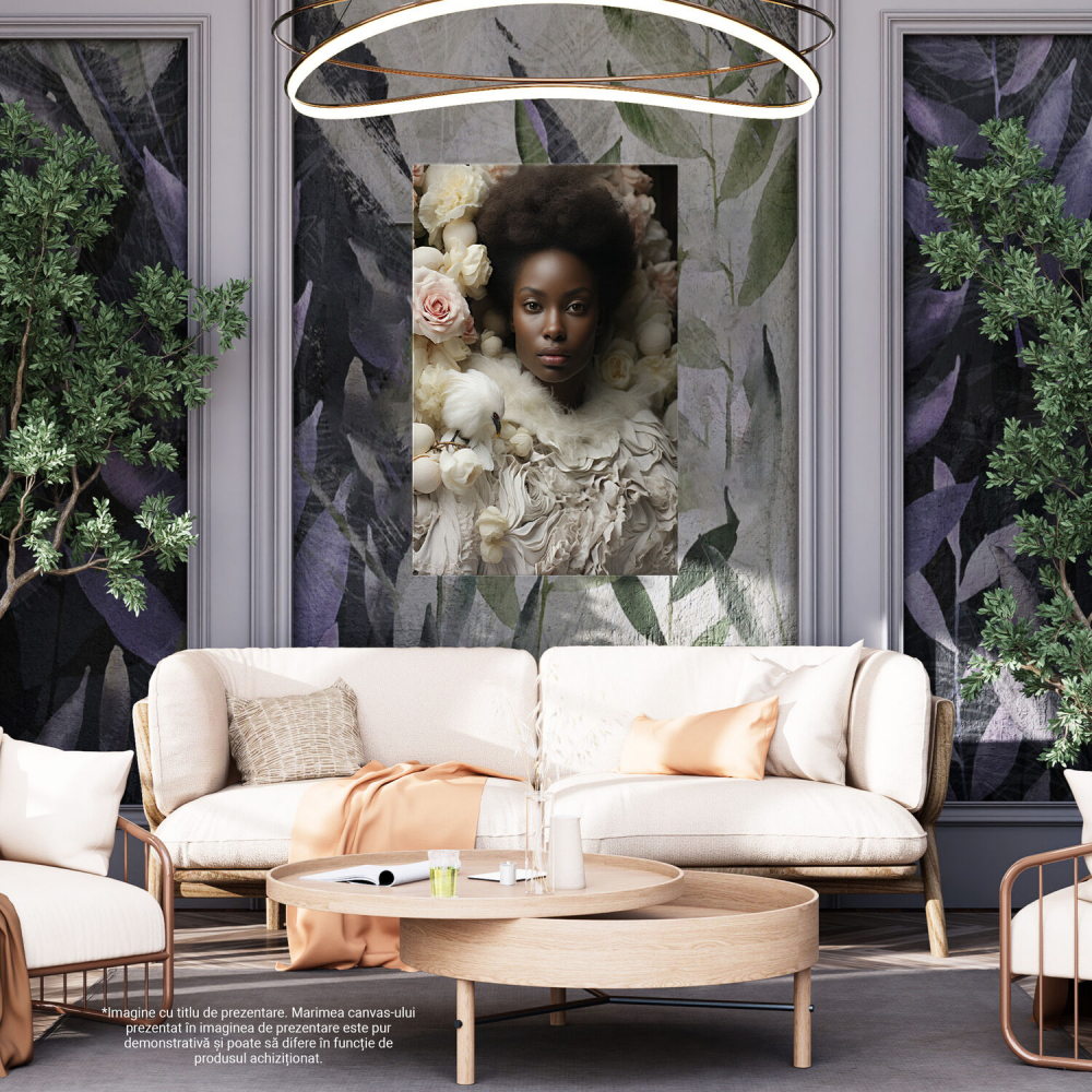Tablou Canvas Femeie de Culoare în Alb cu Pasăre și Flori | Pictură Digitală Elegantă, Marime 40x25CM [4]