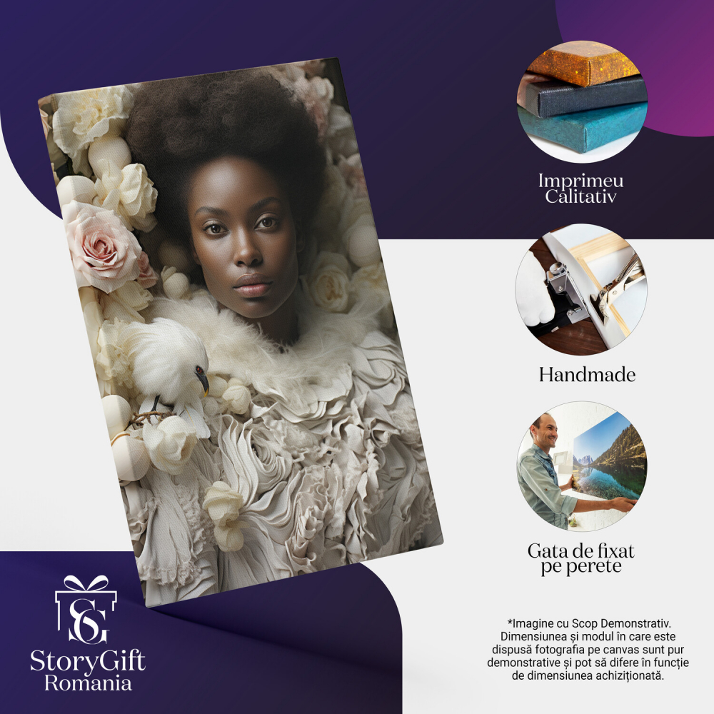 Tablou Canvas Femeie de Culoare în Alb cu Pasăre și Flori | Pictură Digitală Elegantă, Marime 40x25CM [2]