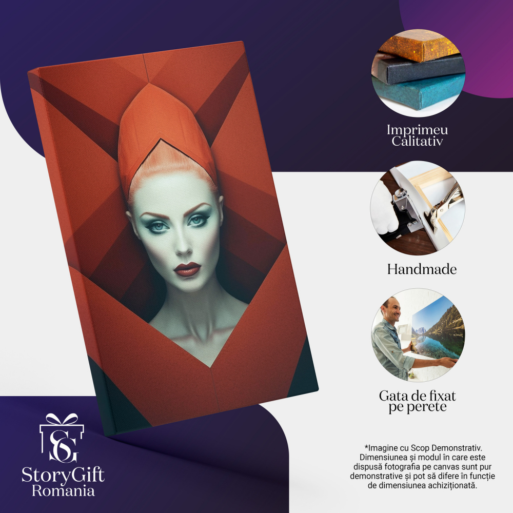 Tablou Canvas Femeie cu Elemente Abstracte | Pictură Digitală Roșie, Marime 40x25CM [2]