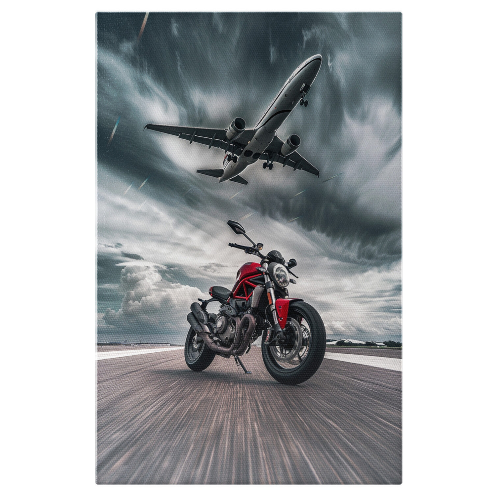 Red Motorcycle on Airport Runway with Airplane Taking Off – Digital Art, Marime 40x25CM [1]