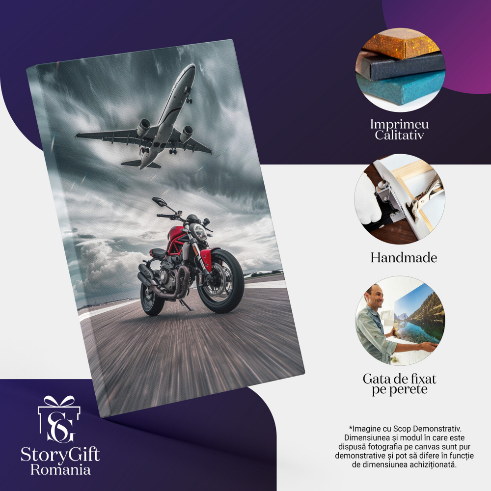 Red Motorcycle on Airport Runway with Airplane Taking Off – Digital Art, Marime 40x25CM [2]