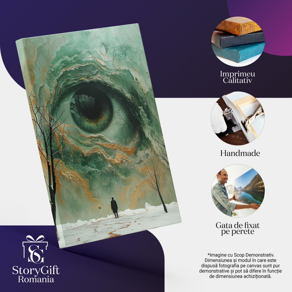 Tablou Canvas Ochi Negru-Verzui | Pictură Digitală cu Peisaj de Iarnă și Bărbat cu Minge, Marime 40x25CM [2]