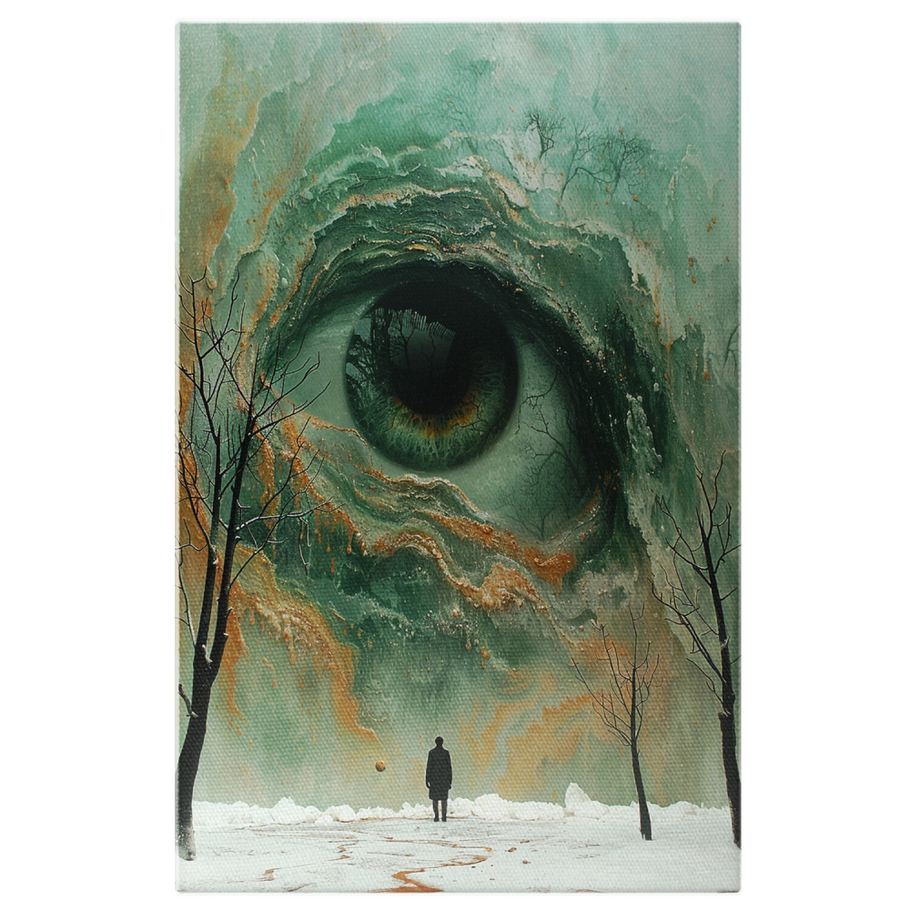 Tablou Canvas Ochi Negru-Verzui | Pictură Digitală cu Peisaj de Iarnă și Bărbat cu Minge, Marime 40x25CM [1]