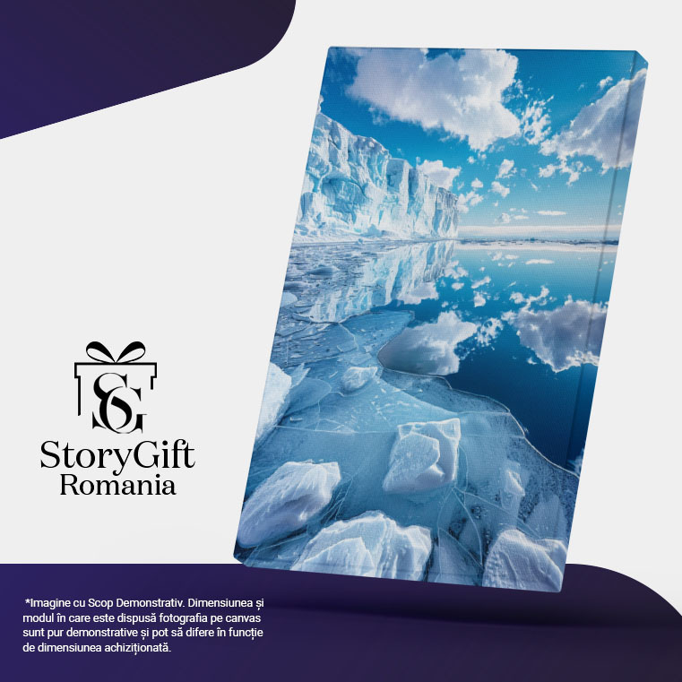 Tablou Canvas:  Ocean Dezghețat și Ghețari, Reflecții în Apă și Cer cu Nori Albi Pufoși- Natură și Tonuri Albastre Pictura Digitala 40x25CM [5]