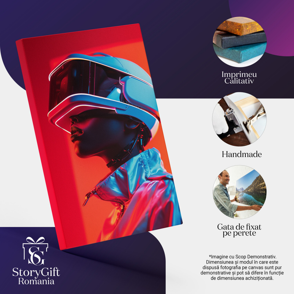 Tablou Canvas - Model cu Ochelari și Cască VR în Geacă Lucioasă LED Roșie, Marime 40x25CM [2]