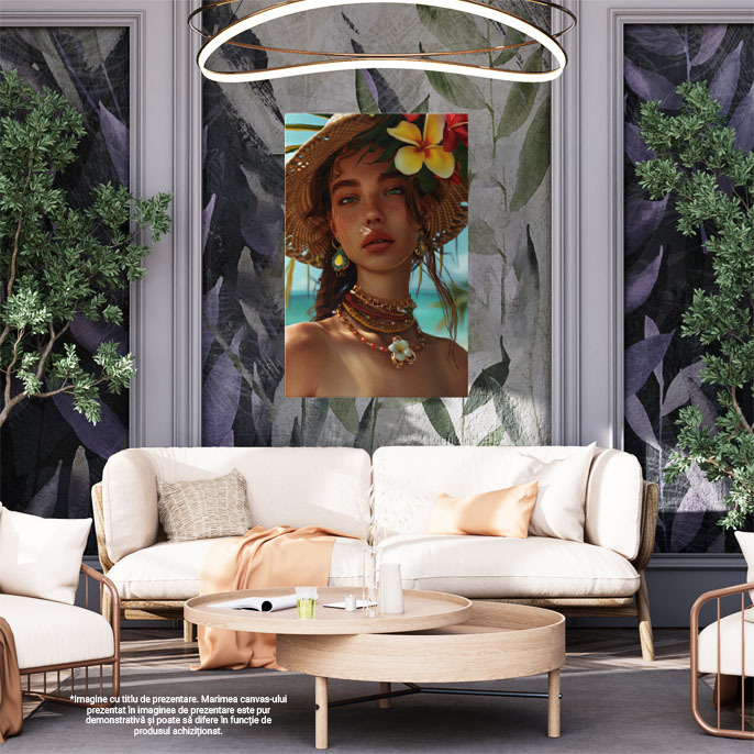 Tablou Canvas Ochii Verzi Pierduți în Zare ai Tinerei cu Pălărie de Paie pe Insula Însorită , Pictura Digitala 40x25CM [2]