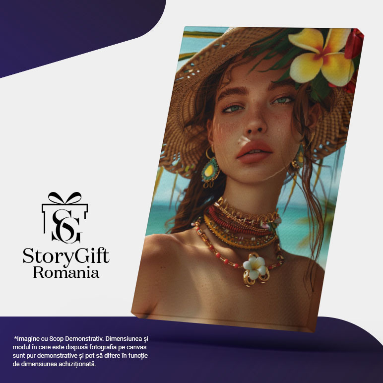 Tablou Canvas Ochii Verzi Pierduți în Zare ai Tinerei cu Pălărie de Paie pe Insula Însorită , Pictura Digitala 40x25CM [5]