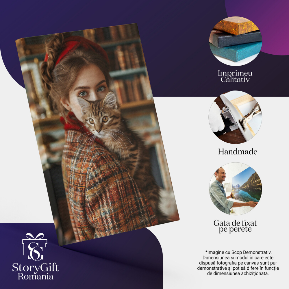 „Tablou Canvas Ochii Verzi și Ochii Albaștri - Doamna și Pisoiul din Biblioteca cu Bentiță Roșie”, Marime 40x25CM [2]