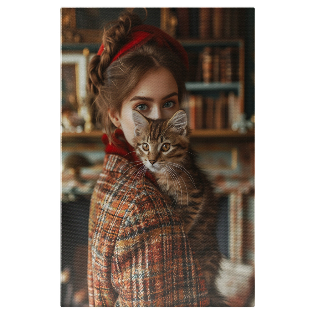 „Tablou Canvas Ochii Verzi și Ochii Albaștri - Doamna și Pisoiul din Biblioteca cu Bentiță Roșie”, Marime 40x25CM [1]