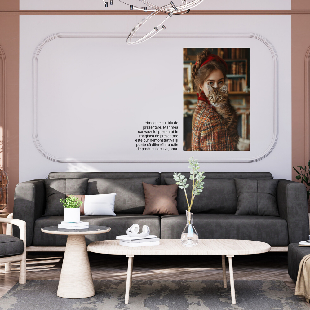 „Tablou Canvas Ochii Verzi și Ochii Albaștri - Doamna și Pisoiul din Biblioteca cu Bentiță Roșie”, Marime 40x25CM [4]