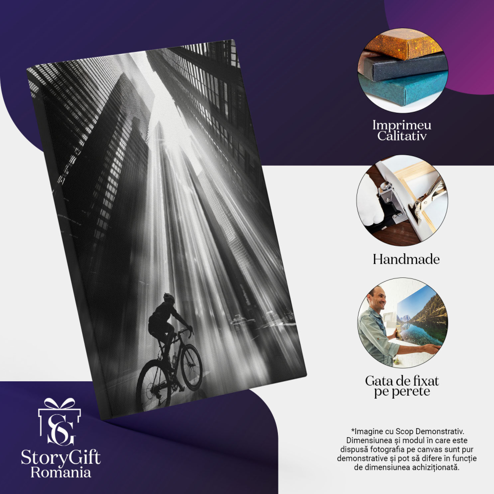 Tablou Canvas:  Om pe Bicicletă în Razele Soarelui pe Stradă- Clădiri Înalte și Fotografie Alb-Negru Pictura Digitala 40x25CM [3]