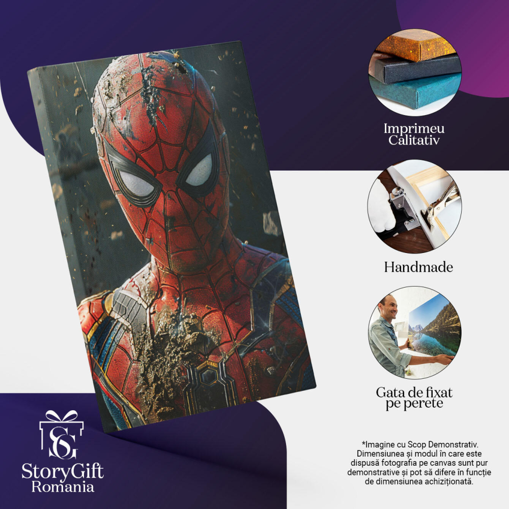 Tablou Canvas  Omul Paianjen Persoanj Animat, Spiderman in Costum Rosu cu Albastru Supererou Benzi Marvel , Pictura Digitala 40x25CM [3]