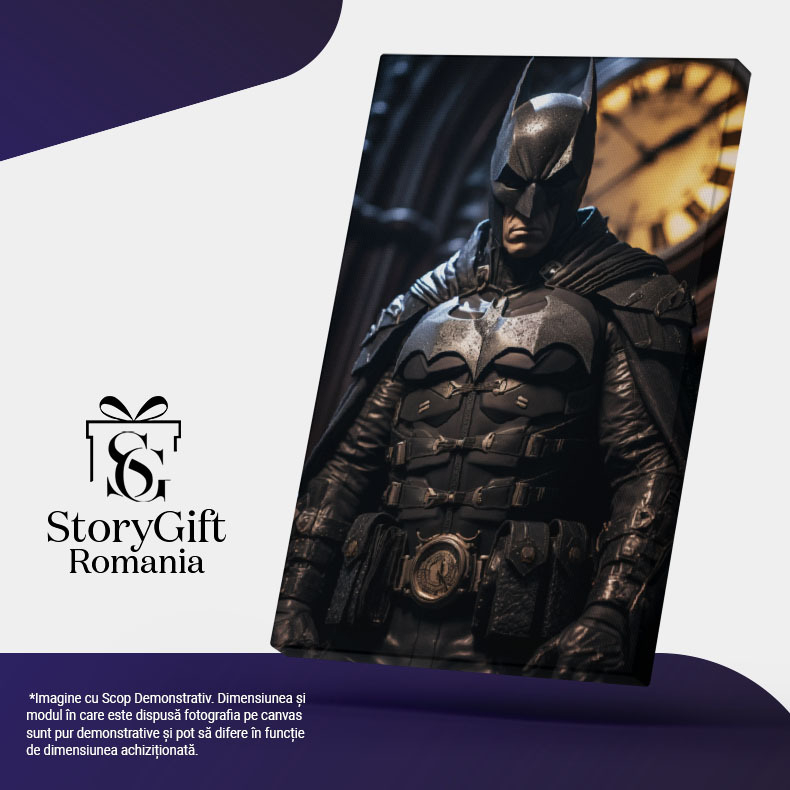 Tablou Canvas:  Omul Supereou Batman in Echipament de Protectie Negru cu Pelerina si Chipul Camuflat Pictura Digitala 40x25CM [5]