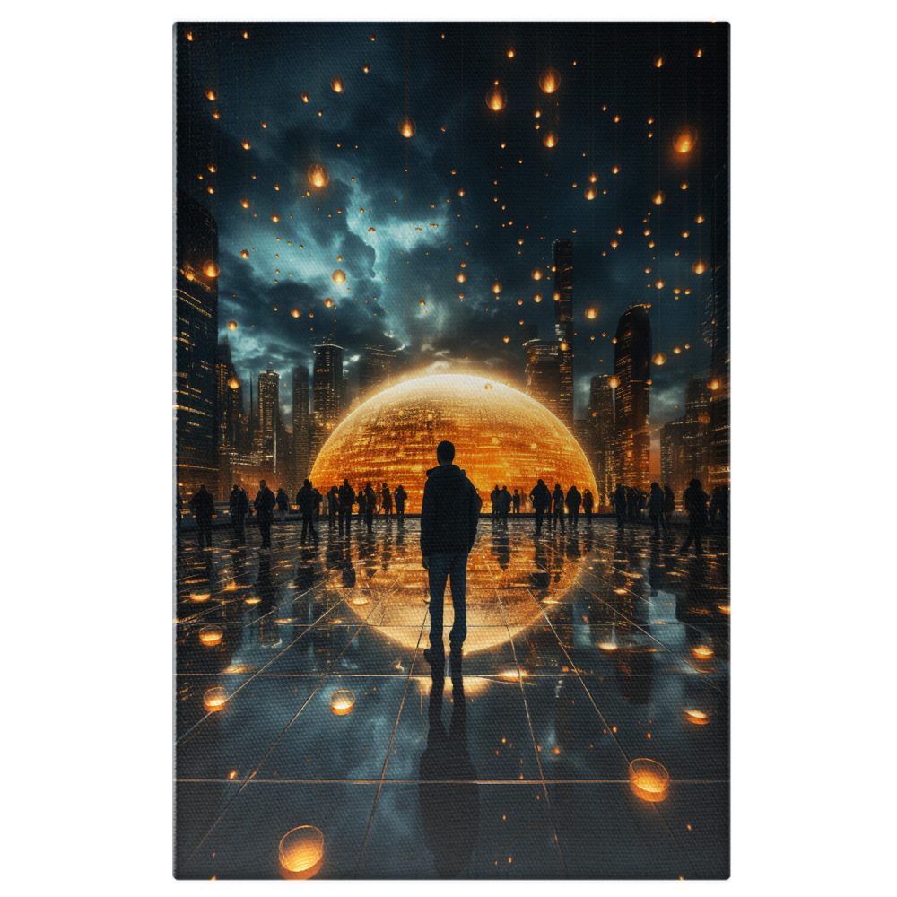 Orașul Viitorului - Grup de Oameni și Sfere - Pictură Digitală, Marime 40x25CM [1]