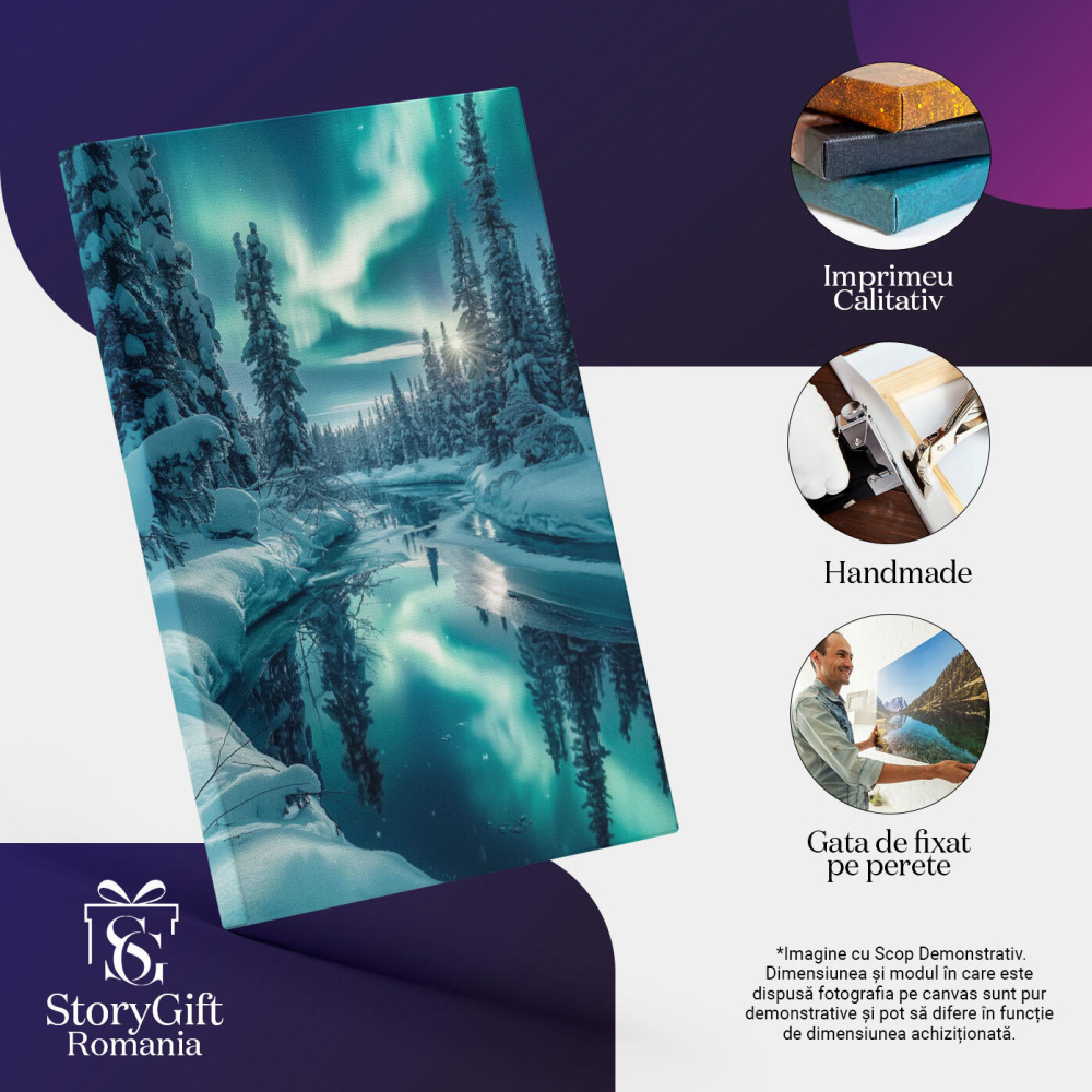 Tablou Canvas: Pădurea Înghețată Luminată de Strălucirea Aurorei Verzi și Râul Încremenit Pictura Digitala 40x25CM [3]