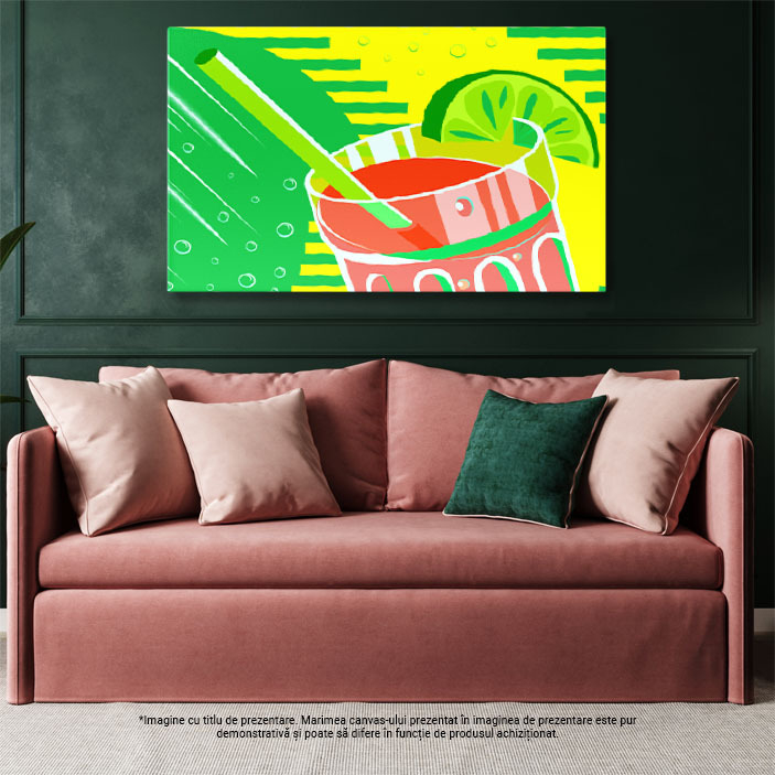 Tablou Canvas Pahar Transparent cu un Suc Racoritor de Culoare Rosie si o Felie de Lime pe Margine 40x25CM [3]