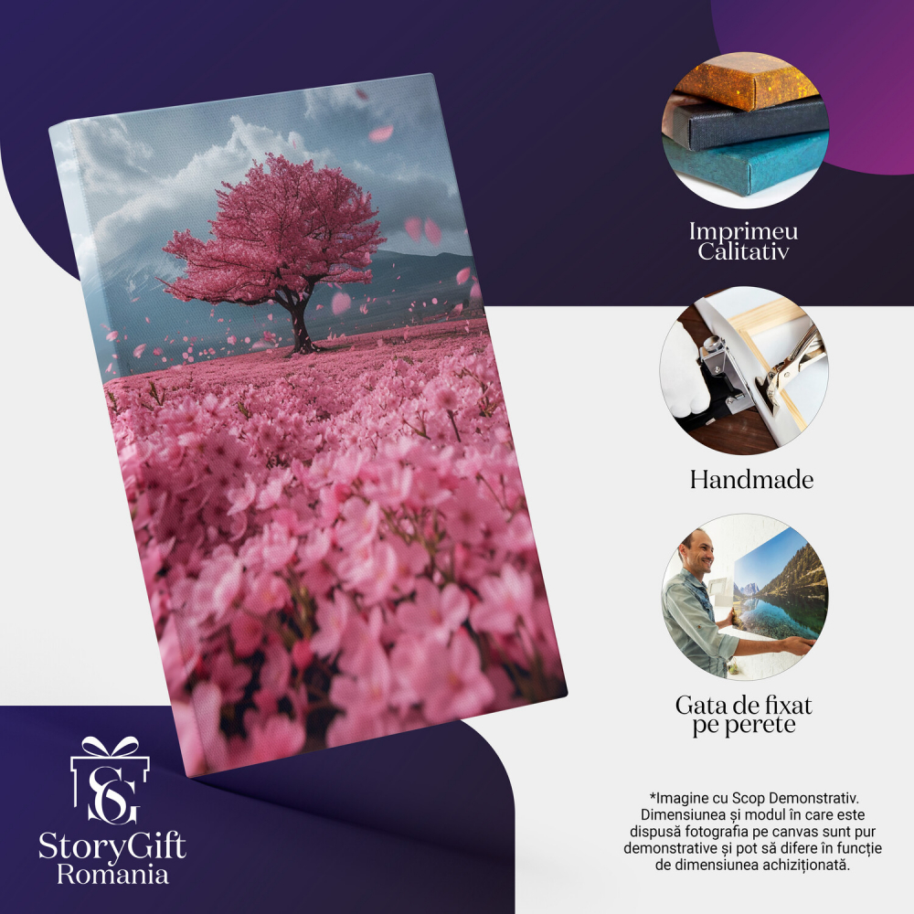 Pajiște cu Flori Roz și Copac de Cireș cu Petale în Vânt - Artă Digitală, Marime 40x25CM [2]