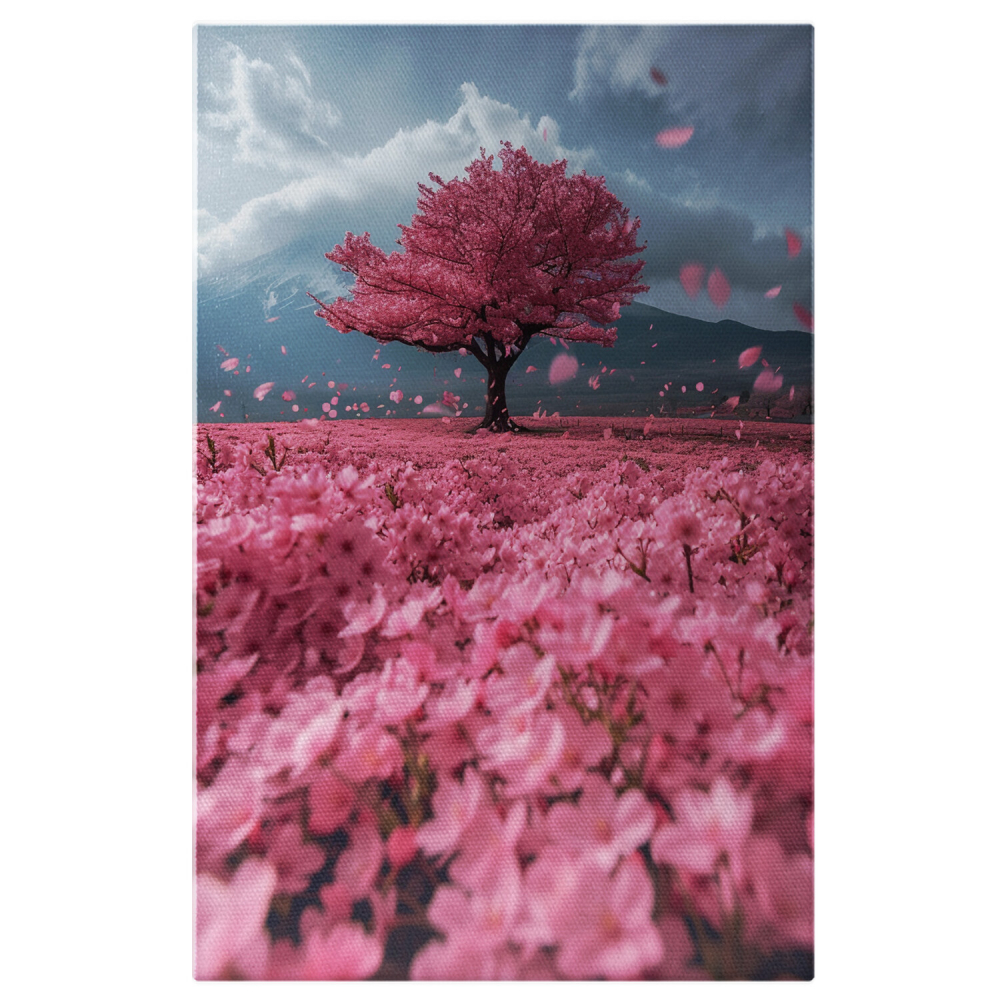 Pajiște cu Flori Roz și Copac de Cireș cu Petale în Vânt - Artă Digitală, Marime 40x25CM [1]