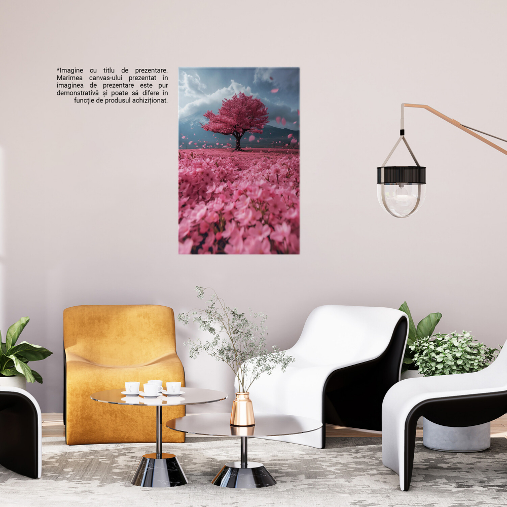 Pajiște cu Flori Roz și Copac de Cireș cu Petale în Vânt - Artă Digitală, Marime 40x25CM [3]