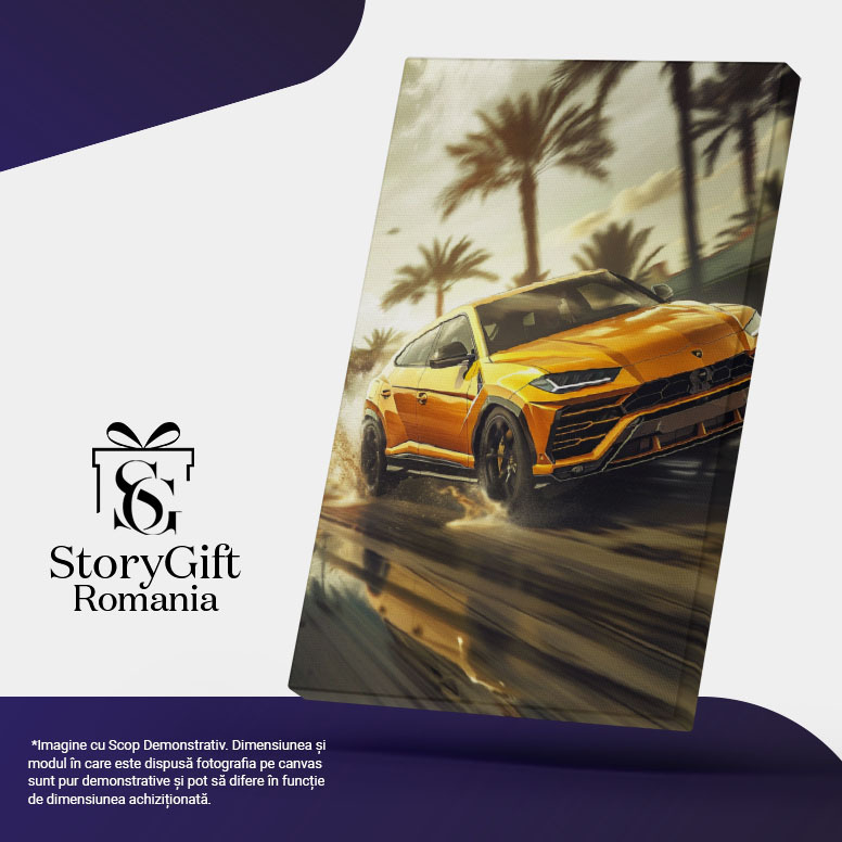 Tablou Canvas Palmieri în spatele unei masini galbene de lux - stropi de apă aruncați de SUV , Pictura Digitala 40x25CM [5]