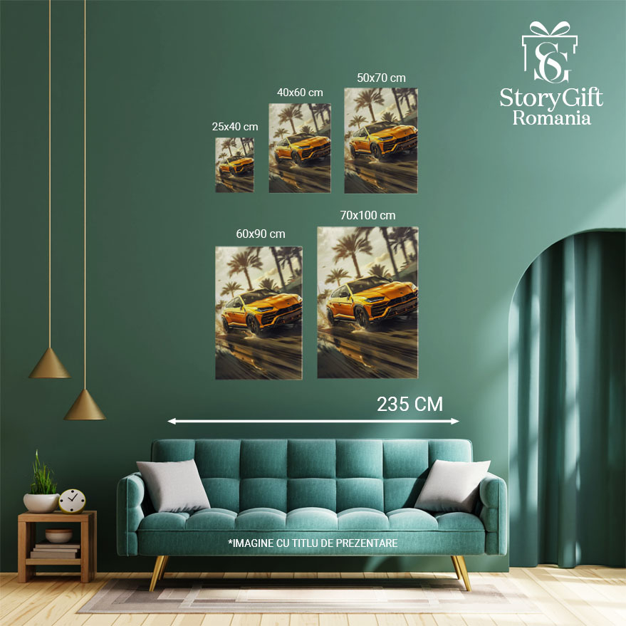 Tablou Canvas Palmieri în spatele unei masini galbene de lux - stropi de apă aruncați de SUV , Pictura Digitala 40x25CM [4]