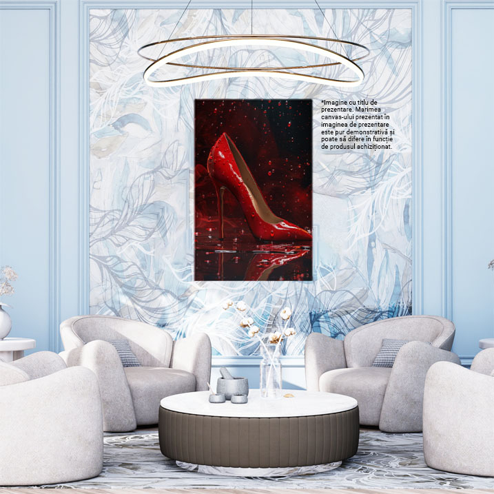 Tablou Canvas Pantof din piele stileto roșu în picături - Stropi de apă pe pielea roșie a unui pantof , Pictura Digitala 40x25CM [2]