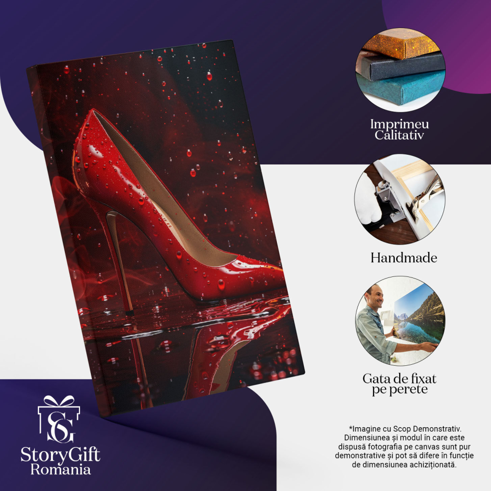 Tablou Canvas Pantof din piele stileto roșu în picături - Stropi de apă pe pielea roșie a unui pantof , Pictura Digitala 40x25CM [3]
